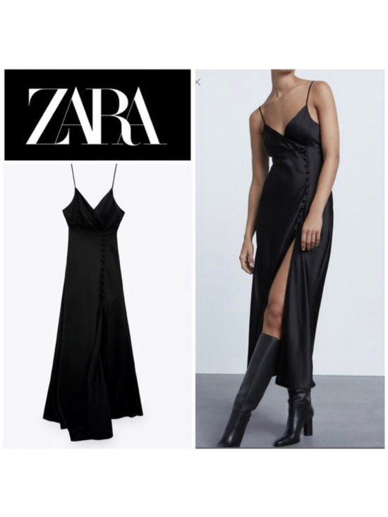 ZARA Dresses & Skirts - Women's ZARA Black Satin Midi Slip Dress with Slit M size Medium